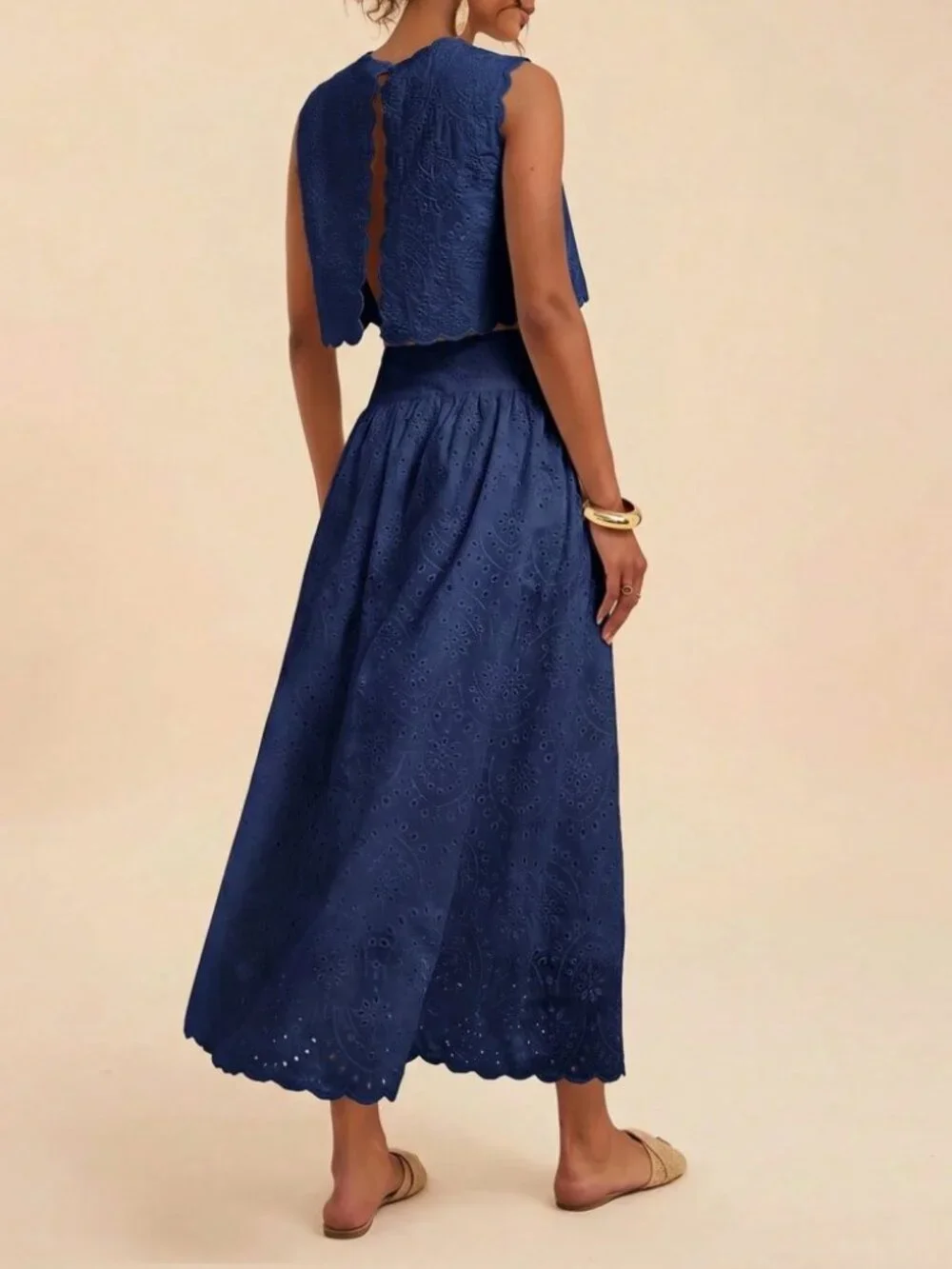 Navy Eyelet Embroidered Scalloped Crop Top & Maxi Skirt Set